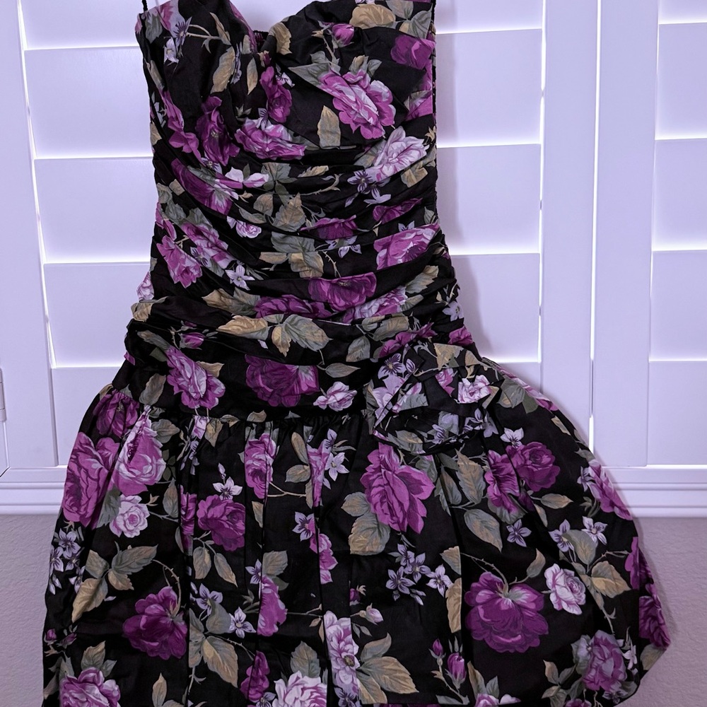Black Floral Backless Dress with Purple Rose Print